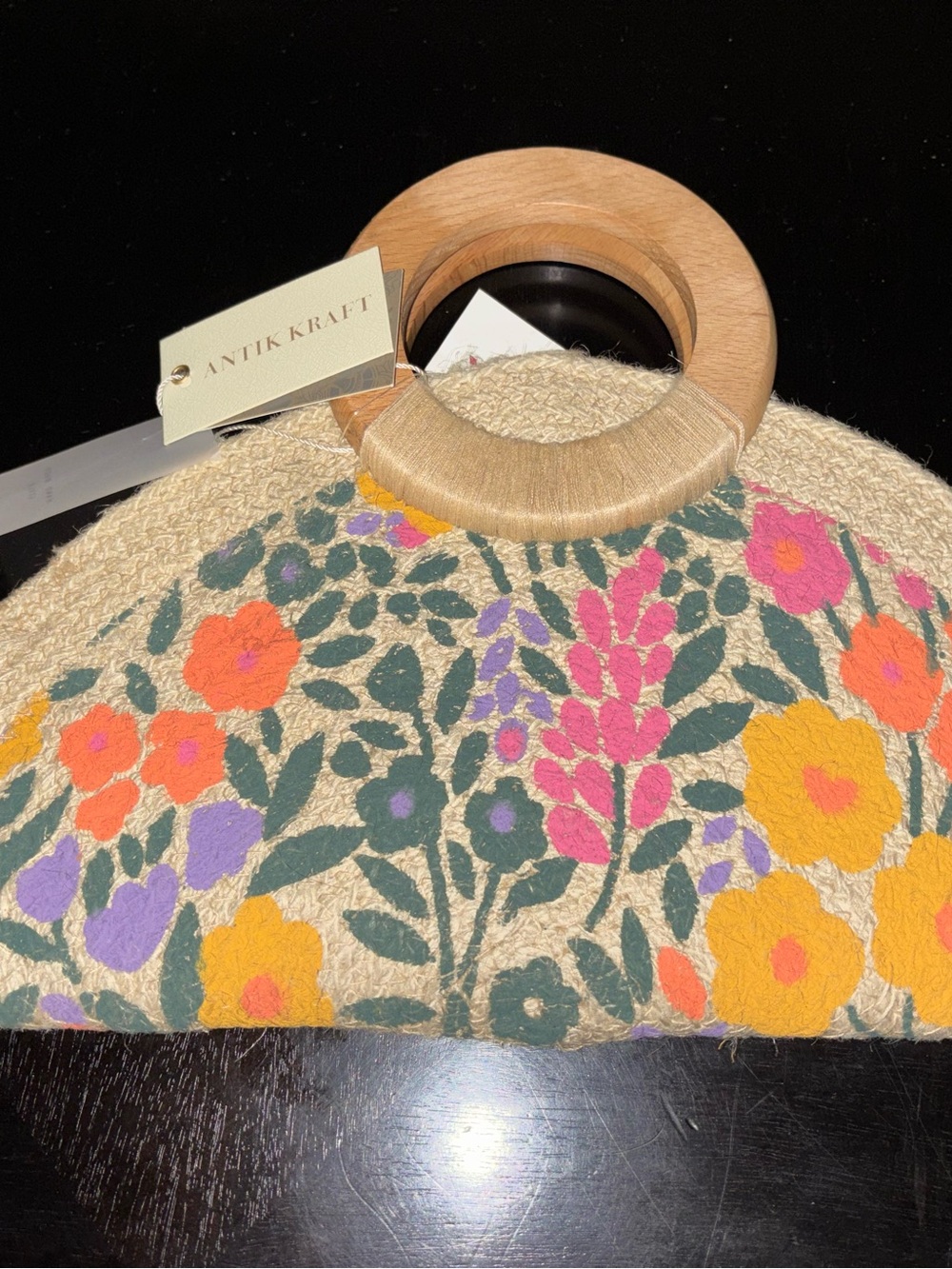 Antik Kraft Colorful Floral Straw Handbag with Wooden Ring
